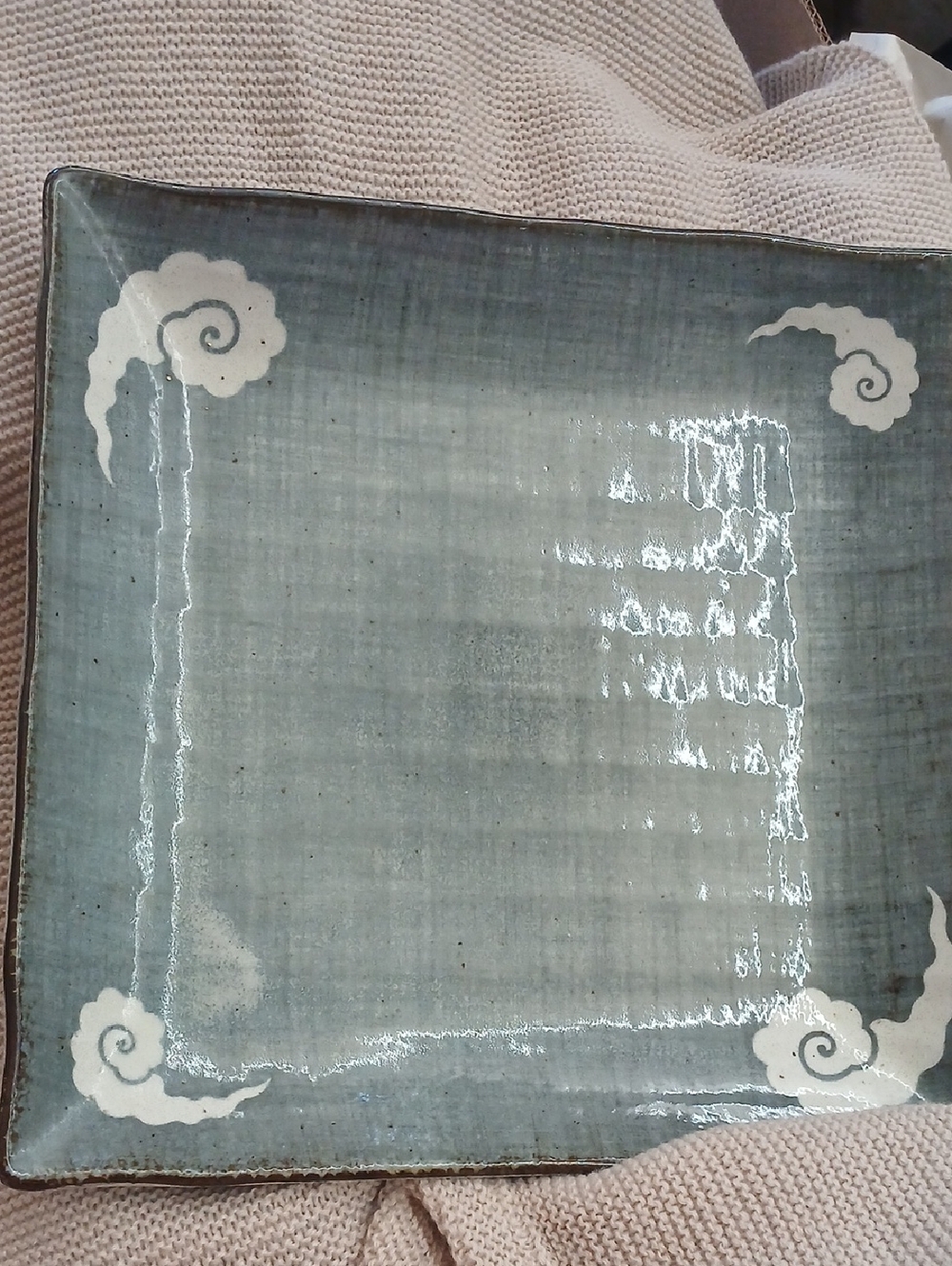 Square Ceramic Serving Platter in Sea Glass Blue with White Scroll Accents